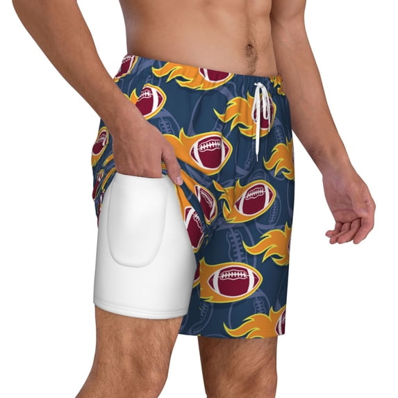 Uemuo Burning Rugby Balls Pattern Mens Swim Trunks Quick Dry Board Shorts with Mesh Lining, Stretch Beach Shorts Quick Dry No-Chafing Board Shorts-Large