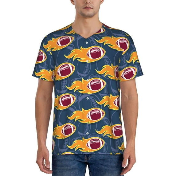 Uemuo Burning Rugby Balls Print Mens Polo Shirts Baseball T-shirt Performance Short Sleeve Golf Shirt Moisture Wicking Athletic Casual Collared T-Shirt-X-Large