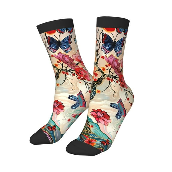 Uemuo Butterflies And Flowers Painting Printed Kids Boys Socks Seamless Crew Socks Crazy Funny Athletic Sport Socks for Children