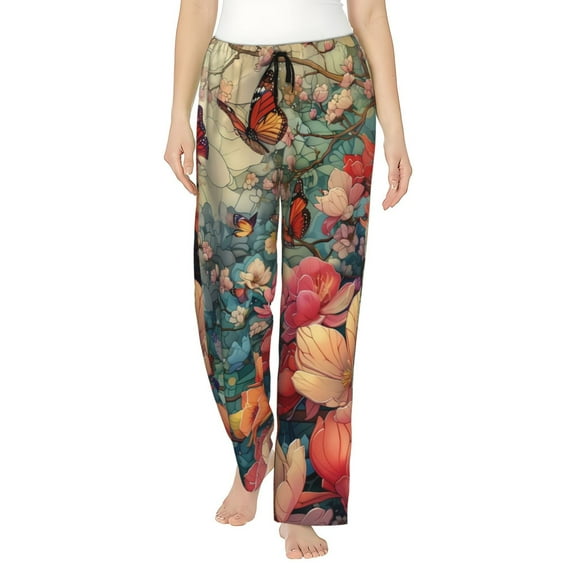 Uemuo Butterflies In Blooming Garden Pattern Women's Wide Leg Palazzo Lounge Pants with Pockets Light Weight Loose Comfy Casual Pajama Pants-Large
