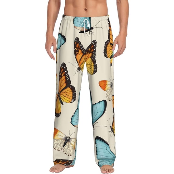 Uemuo Butterflies Pattern Men's Wide Leg Palazzo Lounge Pants with Pockets Light Weight Loose Comfy Casual Pajama Pants-Large