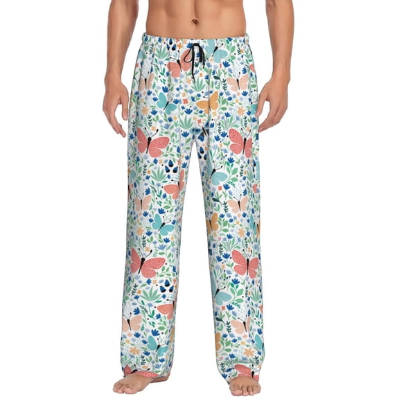 Uemuo Butterflies Pattern Men's Wide Leg Palazzo Lounge Pants with Pockets Light Weight Loose Comfy Casual Pajama Pants-