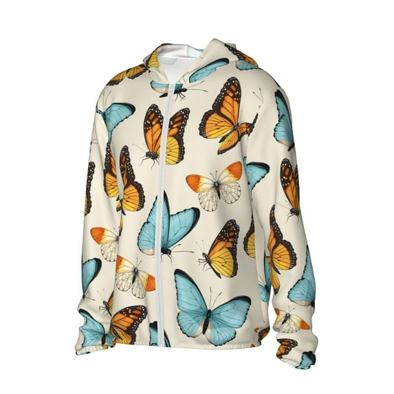 Uemuo Butterflies Pattern Women's Full Zip UPF 50+ Sun Protection Hoodie Jacket Long Sleeve Sun Shirt Hiking Outdoor Performance with Pockets-Medium
