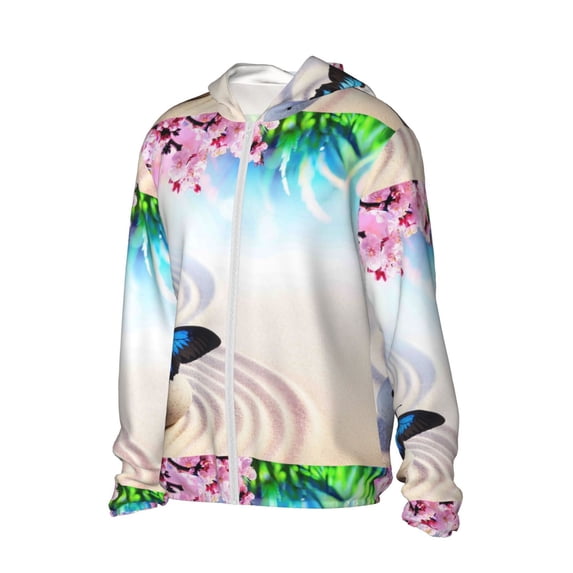 Uemuo Butterfly In Blossoms Zen Pattern Women's Full Zip UPF 50+ Sun Protection Hoodie Jacket Long Sleeve Sun Shirt Hiking Outdoor Performance with Pockets-