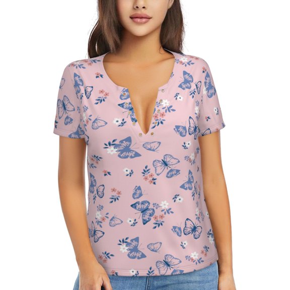 Uemuo Butterfly Drawing Women's Deep V-Neck Low Cut Tops - Casual Loose Fit with Stainless Steel Loop, Soft, Breathable, Perfect for Office, Travel, and Daily Wear-Medium