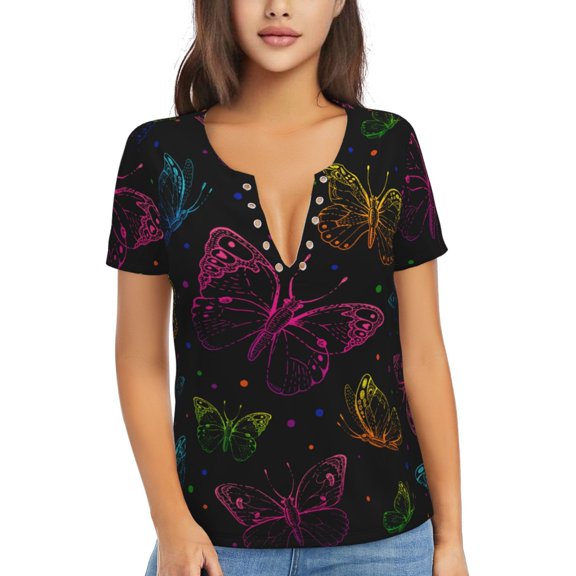 Uemuo Butterfly Drawing Women's Deep V-Neck Low Cut Tops - Casual Loose Fit with Stainless Steel Loop, Soft, Breathable, Perfect for Office, Travel, and Daily Wear-Medium