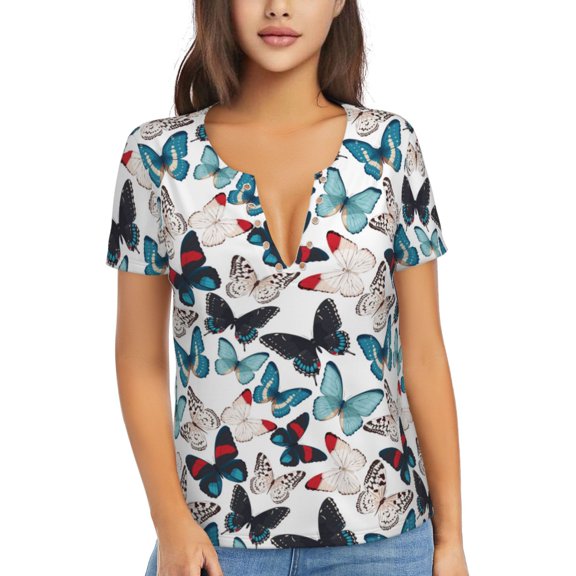 Uemuo Butterfly Drawing Women's Deep V-Neck Low Cut Tops - Casual Loose Fit with Stainless Steel Loop, Soft, Breathable, Perfect for Office, Travel, and Daily Wear-Small