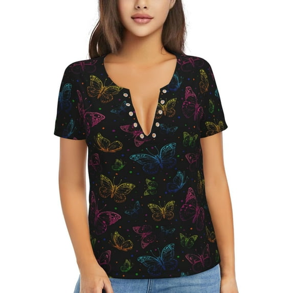 Uemuo Butterfly Drawing Women's Deep V-Neck Low Cut Tops - Casual Loose Fit with Stainless Steel Loop, Soft, Breathable, Perfect for Office, Travel, and Daily Wear-X-Large