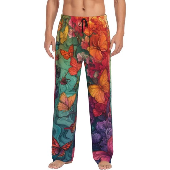 Uemuo Butterfly Flower Cascade Pattern Men's Wide Leg Palazzo Lounge Pants with Pockets Light Weight Loose Comfy Casual Pajama Pants-Medium