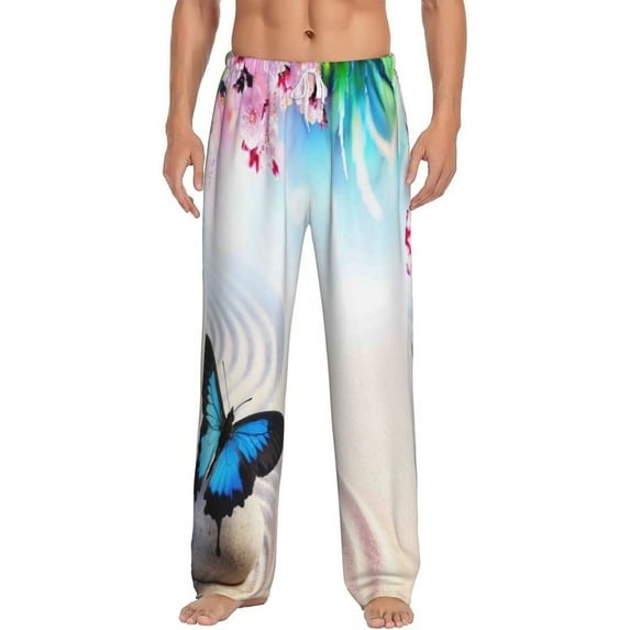 Uemuo Butterfly In Blossoms Zen Pattern Men's Wide Leg Palazzo Lounge Pants with Pockets Light Weight Loose Comfy Casual Pajama Pants-XX-Large