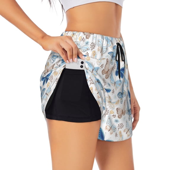 Uemuo Butterfly Pattern Women's Athletic Shorts High Waisted Running Shorts with Liner Pockets Gym Elastic Workout Shorts-Small