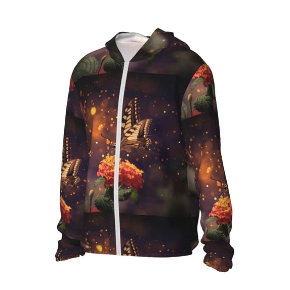 Uemuo Butterfly Sitting on a Flower Pattern Women's Full Zip UPF 50+ Sun Protection Hoodie Jacket Long Sleeve Sun Shirt Hiking Outdoor Performance with Pockets-XX-Large
