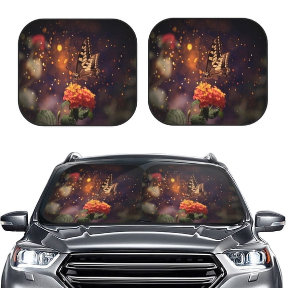 Uemuo Butterfly Sitting on a Flower Printed 2 PCS Car Windshield Sun Shade, Auto Sun Heat and UV Rays Blocker, Foldable Automotive Front Window Sunshade Protector
