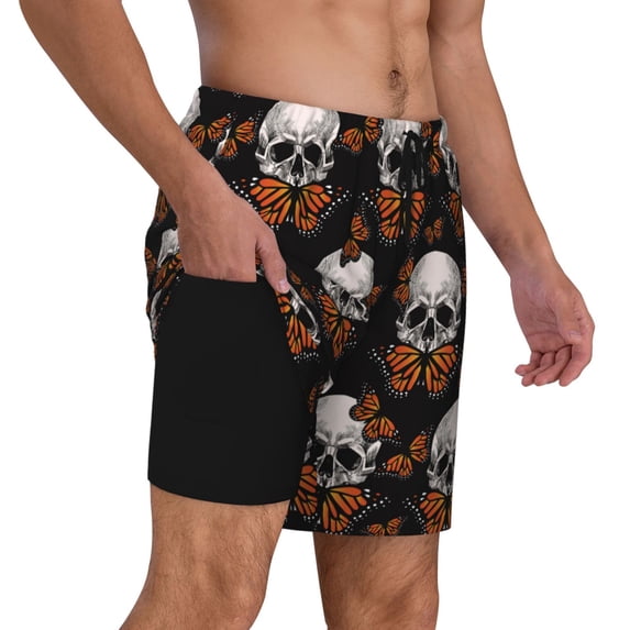 Uemuo Butterfly Skull Pattern Mens Swim Trunks Quick Dry Board Shorts with Mesh Lining, Stretch Beach Shorts Quick Dry No-Chafing Board Shorts-Large