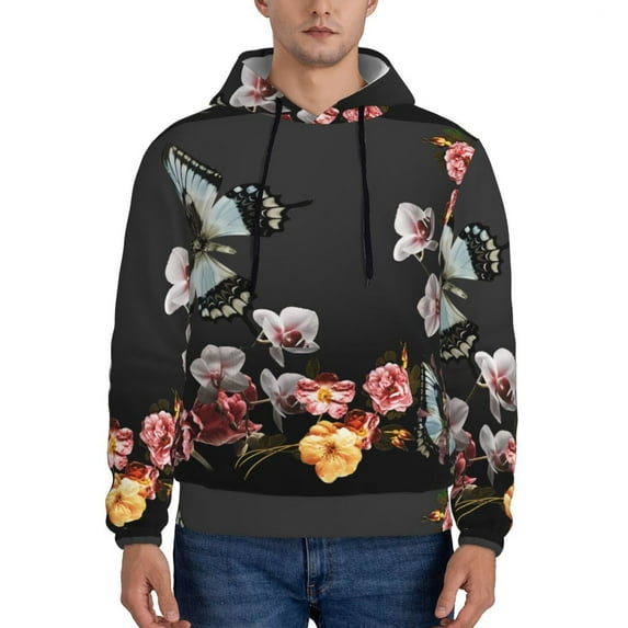 Uemuo Butterfly with Fowers Pattern Men's Hoodie - Casual Pullover Hoodie with Kangaroo Pocket, Stylish Hooded Sweatshirt for Everyday Wear-X-Large