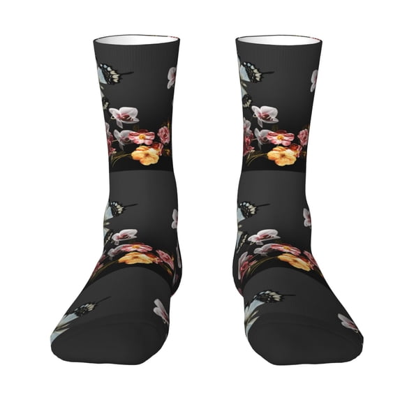 Uemuo Butterfly with Fowers Pattern Women's Crew Socks, Soft Durable Breathable Moisture-Wicking with Odor Control Cotton socks