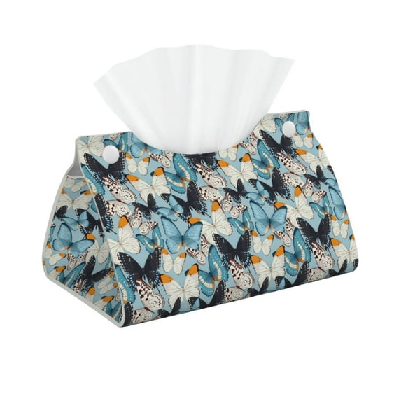 Uemuo Butterflys Pattern Tissue Box Cover Holder, Triangle with Bottom Belt - PVC Leather Decorative Organizer for Tabletop, Bathroom, Car, Office