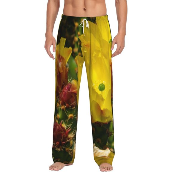 Uemuo Cactus Flowers Pattern Men's Wide Leg Palazzo Lounge Pants with Pockets Light Weight Loose Comfy Casual Pajama Pants-Large