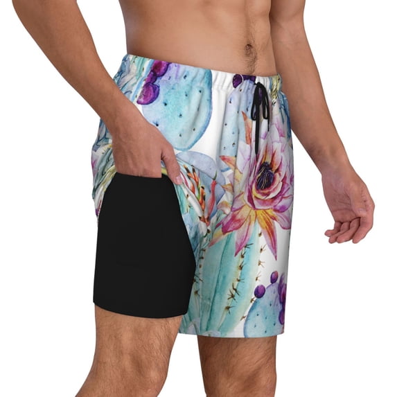Uemuo Cactus Pattern Mens Swim Trunks Quick Dry Board Shorts with Mesh Lining, Stretch Beach Shorts Quick Dry No-Chafing Board Shorts-Large