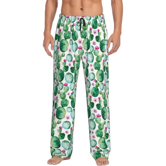 Uemuo Cactus Plants Pattern Men's Wide Leg Palazzo Lounge Pants with Pockets Light Weight Loose Comfy Casual Pajama Pants-Small