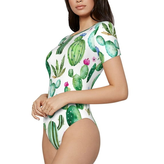 Uemuo Cactus Plants1 Pattern Women's One Piece Short Sleeve Swimsuit Rash Guard Surfing Modest Quick-drying Swimsuit Beach Essentials-XX-Large