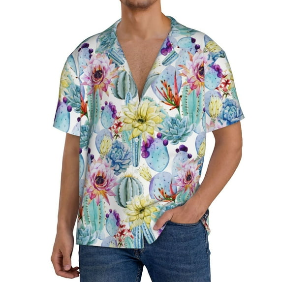 Uemuo Cactus1 Pattern Cotton Linen Short Sleeve Shirts,Casual Lightweight Button Down Shirts,Vacation Beach Summer Tops-