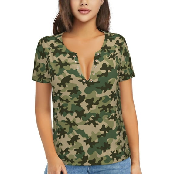 Uemuo Camouflag Drawing Women's Deep V-Neck Low Cut Tops - Casual Loose Fit with Stainless Steel Loop, Soft, Breathable, Perfect for Office, Travel, and Daily Wear-Small