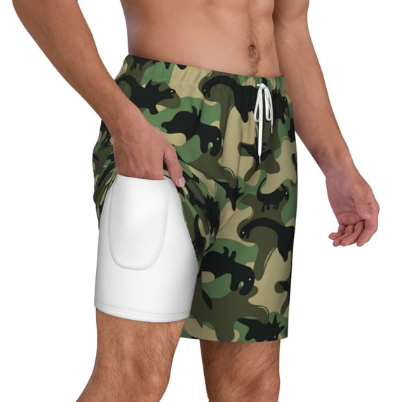 Uemuo Camouflage Dinosaur Pattern Mens Swim Trunks Quick Dry Board Shorts with Mesh Lining, Stretch Beach Shorts Quick Dry No-Chafing Board Shorts-Small