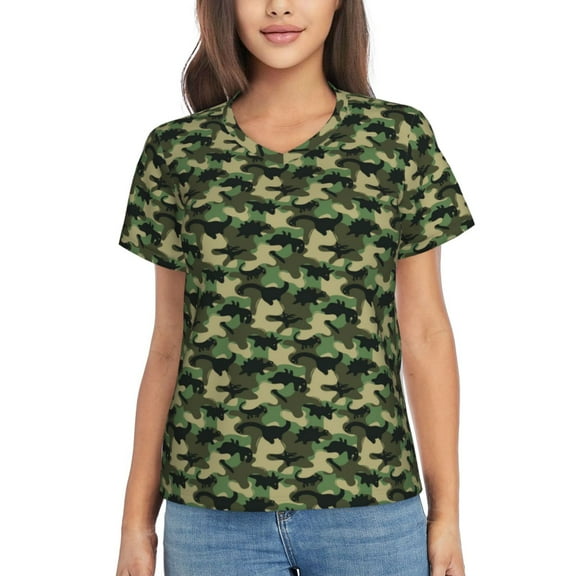 Uemuo Camouflage Dinosaur Printed Women's Classic V-Neck T-Shirt - Soft, Breathable, Moisture-Wicking, Perfect for Casual, Office, Travel, and Everyday Wear-Medium