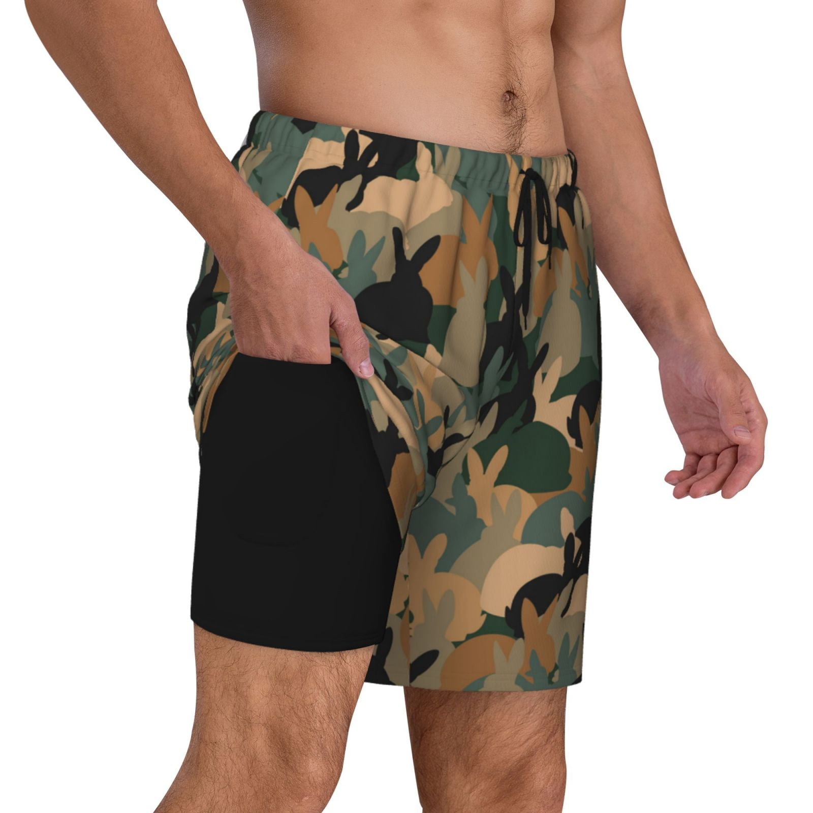 Uemuo Camouflage Rabbit Pattern Mens Swim Trunks Quick Dry Board Shorts