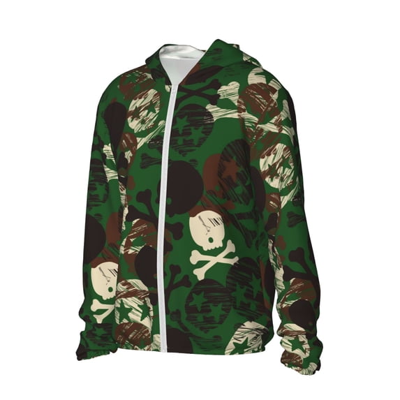 Uemuo Camouflage Skull Pattern Women's Full Zip UPF 50+ Sun Protection Hoodie Jacket Long Sleeve Sun Shirt Hiking Outdoor Performance with Pockets-Large