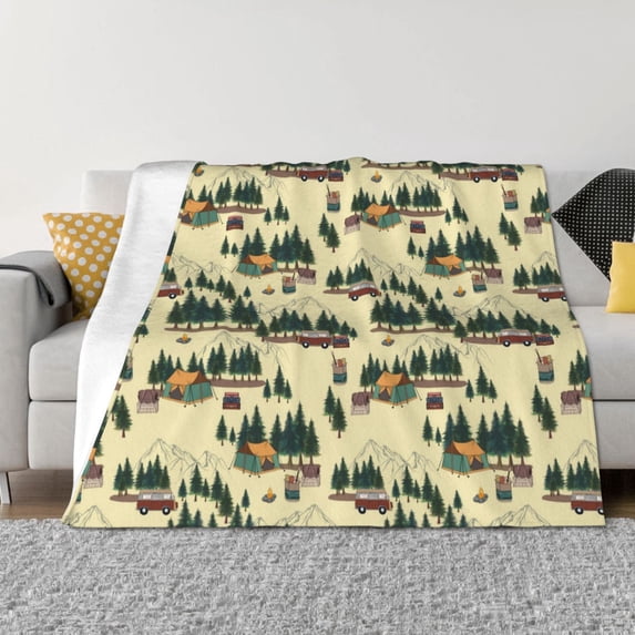 Uemuo Camping Caravan 1 Printed Throw Blanket for Couch, Fluffy Fuzzy Blankets for Bed, Sofa, Cozy Flannel Faux Fur Blanket-80"x60"