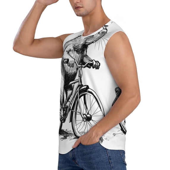 Uemuo Capybara Riding Bicycle Pattern Men's Sleeveless T-Shirt,Muscle Athletic Tank Top, Moisture-wicking Quick-dry Breathable Classic Tee Top for Gym Run Outdoor Sports-