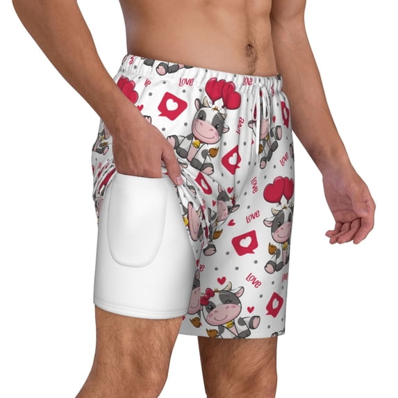 Uemuo Caring Cow Pattern Mens Swim Trunks Quick Dry Board Shorts with Mesh Lining, Stretch Beach Shorts Quick Dry No-Chafing Board Shorts-Large