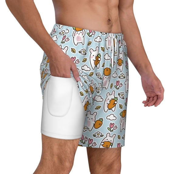Uemuo Carrot Rabbit Pattern Mens Swim Trunks Quick Dry Board Shorts with Mesh Lining, Stretch Beach Shorts Quick Dry No-Chafing Board Shorts-3X-Large