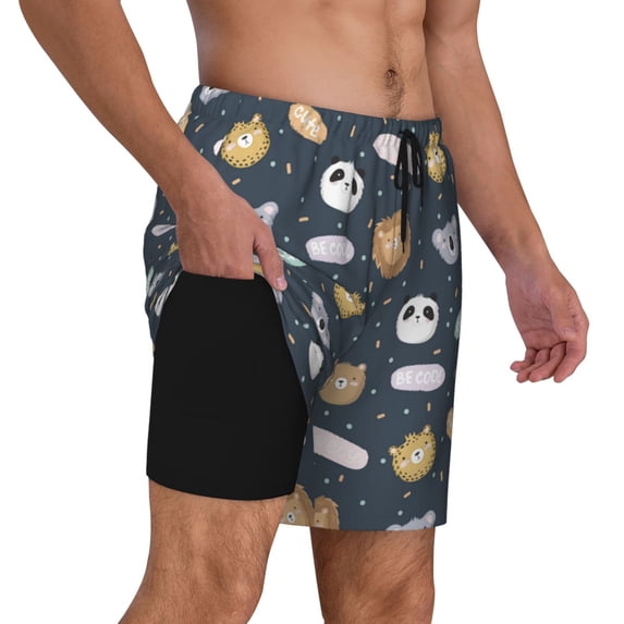 Uemuo Cartoon Animals Pattern Mens Swim Trunks Quick Dry Board Shorts with Mesh Lining, Stretch Beach Shorts Quick Dry No-Chafing Board Shorts-3X-Large
