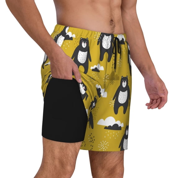 Uemuo Cartoon Bear Yellow Pattern Mens Swim Trunks Quick Dry Board Shorts with Mesh Lining, Stretch Beach Shorts Quick Dry No-Chafing Board Shorts-Medium
