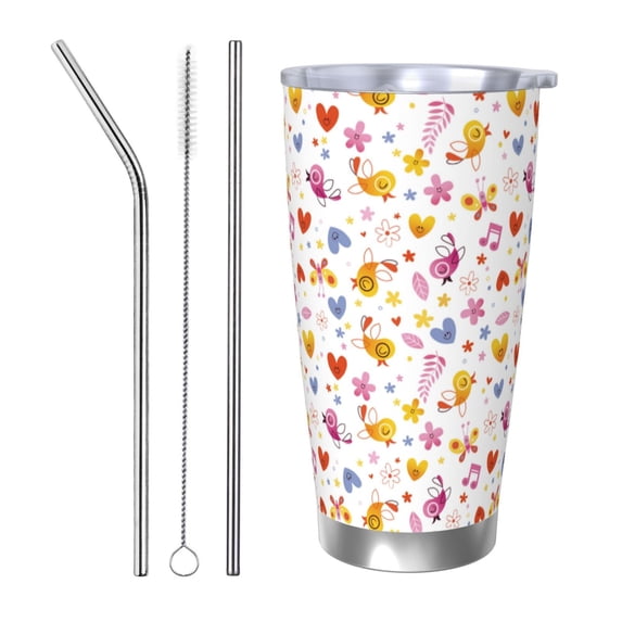 Uemuo Cartoon Birds & Flowers Print Travel Coffee Mug ,20oz Double-walled Car Cup ,Stainless Steel Insulated Tumbler Leak-proof Travel Cup Reusable Straw Car Cup-Straw Three-piece Set