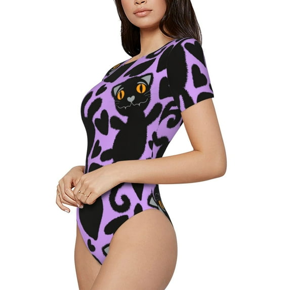 Uemuo Cartoon Black Cats Pattern Women's One Piece Short Sleeve Swimsuit Rash Guard Surfing Modest Quick-drying Swimsuit Beach Essentials-