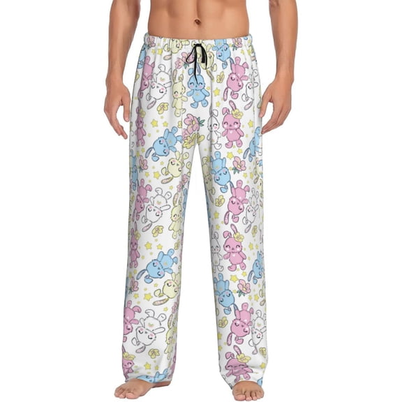 Uemuo Cartoon Bunny Pattern Men's Wide Leg Palazzo Lounge Pants with Pockets Light Weight Loose Comfy Casual Pajama Pants-Small