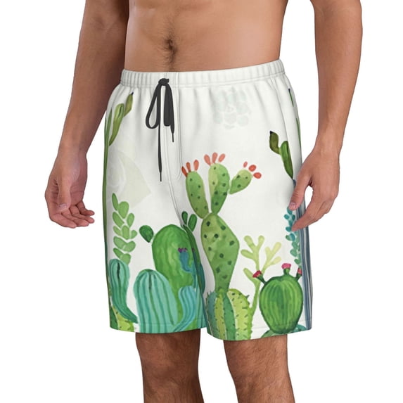 Uemuo Cartoon Cactus Pattern Men's Swim Trunks Hawaiian Beach Bathing Suit Swimsuits Beach Quick-Dry Shorts with Pockets-Large