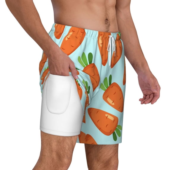 Uemuo Cartoon Carrot Pattern Mens Swim Trunks Quick Dry Board Shorts with Mesh Lining, Stretch Beach Shorts Quick Dry No-Chafing Board Shorts-Small