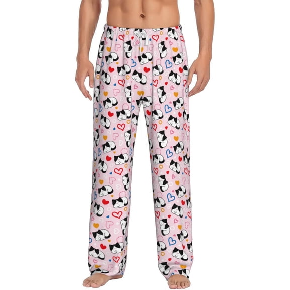 Uemuo Cartoon Cat And Heart Pattern Men's Wide Leg Palazzo Lounge Pants with Pockets Light Weight Loose Comfy Casual Pajama Pants-Small