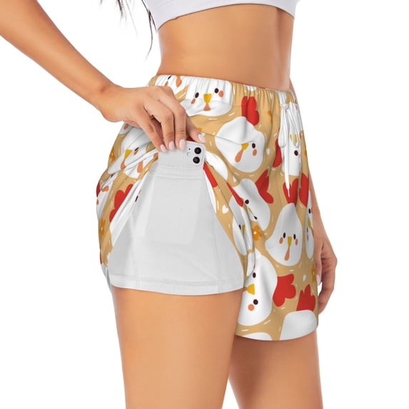 Uemuo Cartoon Chicken Pattern Women's Athletic Shorts High Waisted Running Shorts with Liner Pockets Gym Elastic Workout Shorts-Medium