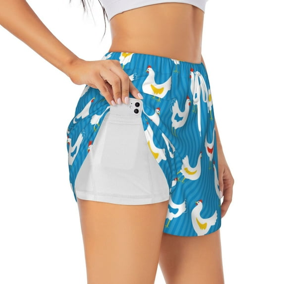 Uemuo Cartoon Chicken Pattern Women's Athletic Shorts High Waisted Running Shorts with Liner Pockets Gym Elastic Workout Shorts-X-Large