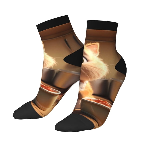 Uemuo Cartoon Cooking Cat Printed Crew Socks, Moisture-Wicking Socks, Athletic Socks for Men Breathable Cushion Socks Casual Sport Socks for Running Traveling