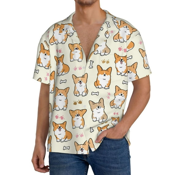 Uemuo Cartoon Corgi Pattern Cotton Linen Short Sleeve Shirts,Casual Lightweight Button Down Shirts,Vacation Beach Summer Tops-X-Large
