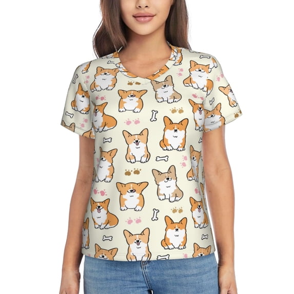 Uemuo Cartoon Corgi Printed Women's Classic V-Neck T-Shirt - Soft, Breathable, Moisture-Wicking, Perfect for Casual, Office, Travel, and Everyday Wear-3X-Large