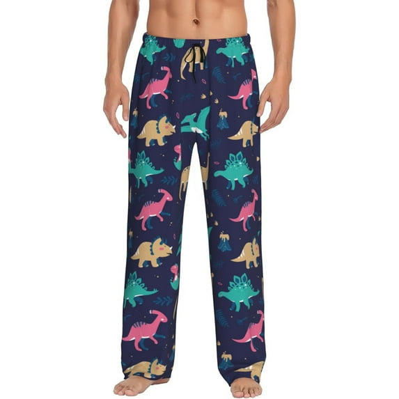 Uemuo Cartoon Dinosaur Pattern Men's Wide Leg Palazzo Lounge Pants with Pockets Light Weight Loose Comfy Casual Pajama Pants-Small