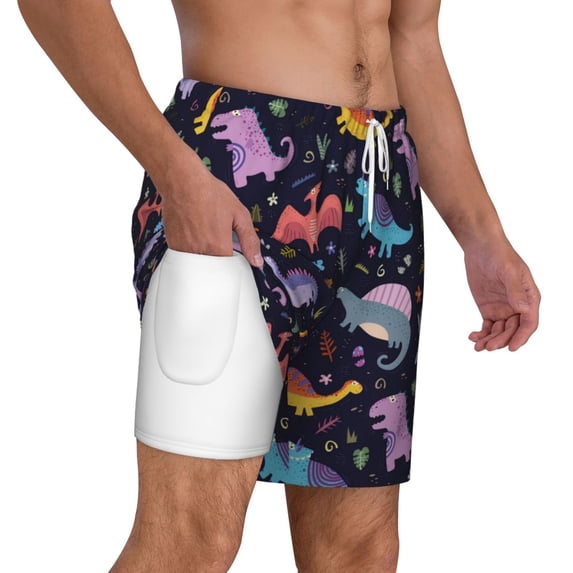 Uemuo Cartoon Dinosaur Pattern Mens Swim Trunks Quick Dry Board Shorts with Mesh Lining, Stretch Beach Shorts Quick Dry No-Chafing Board Shorts-Small